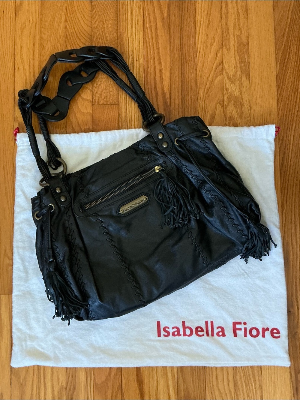 Isabella Fiore Black Leather Fringe Shoulder Bag with Braided Strap